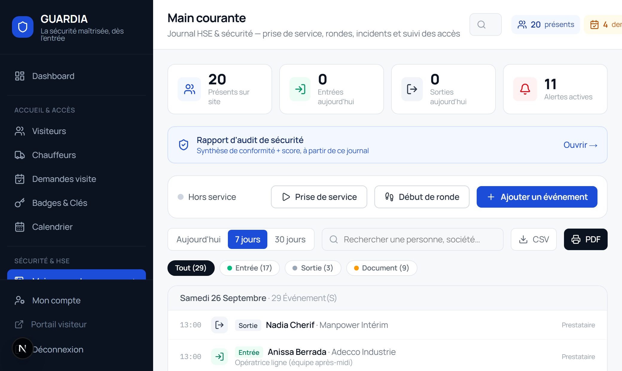 Main courante de Guardia : chronologie des entrées, badges, rondes et incidents.